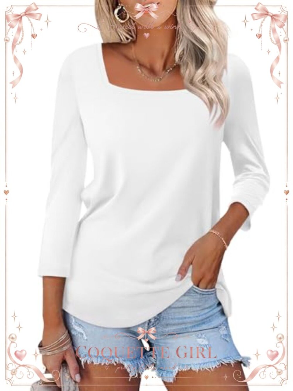 Women's 3/4 Sleeve Square Neck Blouse Loose Fit Casual Summer Top